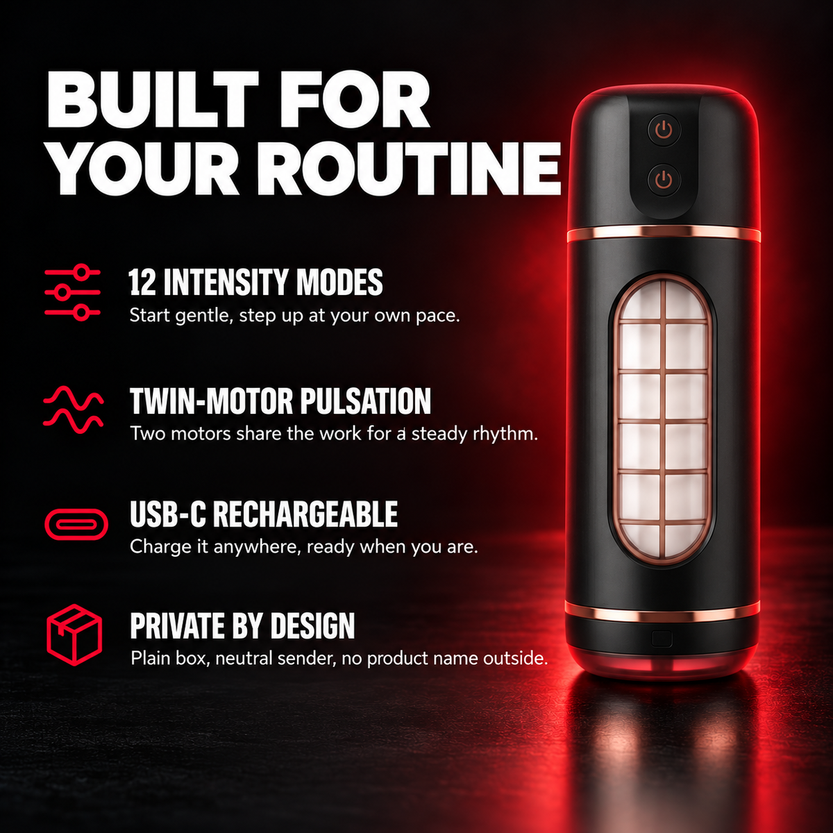 EvoPulse Pro - built for your routine: 12 intensity modes, twin-motor pulsation, USB-C, private packaging